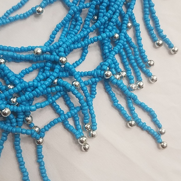 Turquoise Multi Strand Seed Bead Statement Necklace with Silver Accent Bold - Picture 3 of 6
